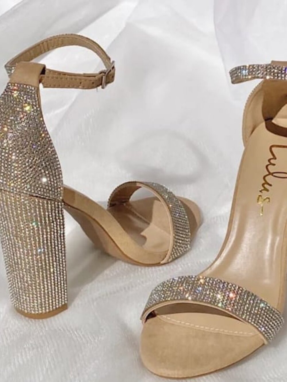 Lulus Taylor Rhinestone Nude Block Heels - 7.5